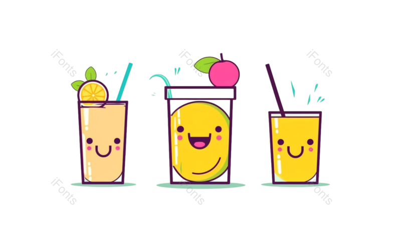 插图图片,扁平风格元素,甜品PNG,气泡水免抠素材